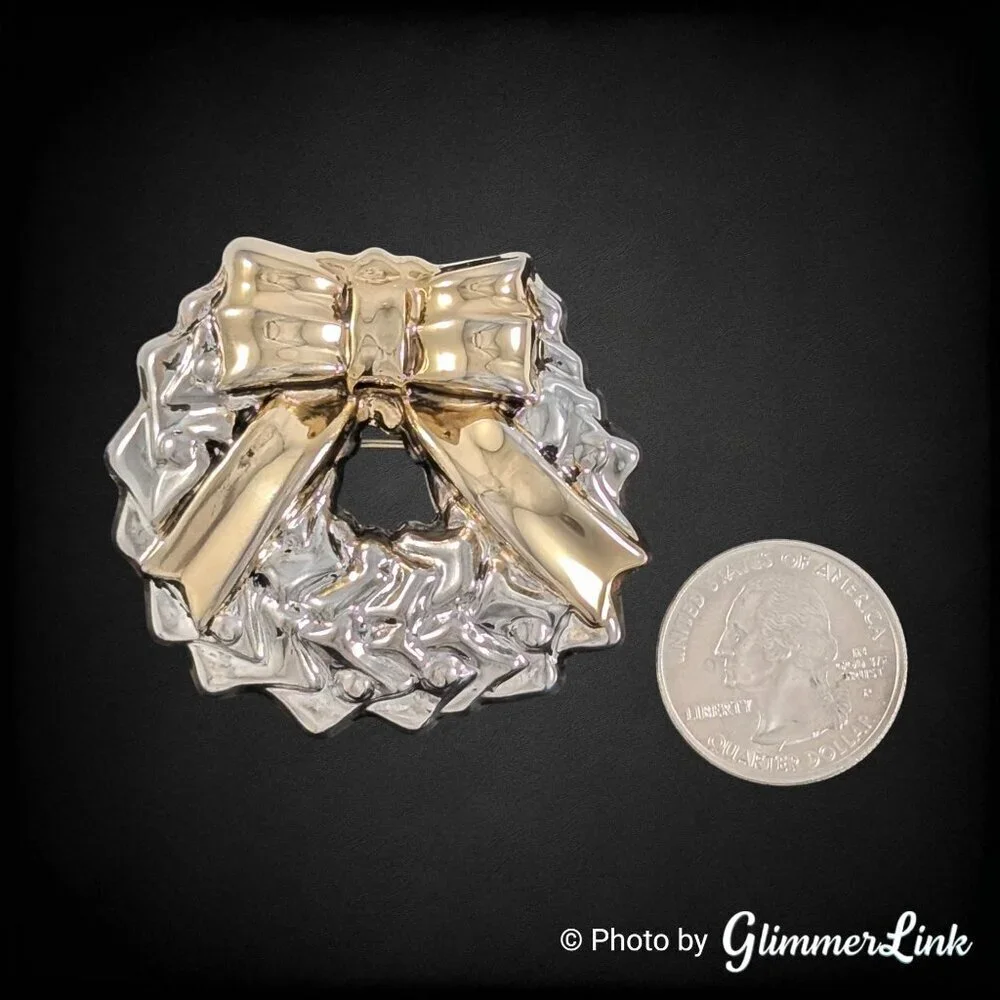 Vintage Silver Plated Wreath Bow Brooch Pendant Gold Tone Holiday Christmas